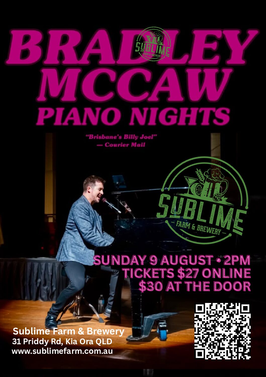 Bradley McCaw – Piano Nights Billy Joel Show – Sunday 9 Aug 2026 – 2pm (Ticketed Show)